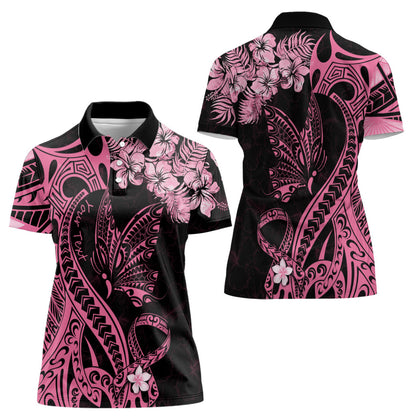 Personalised Polynesian Floral Butterfly Women Polo Shirt Breast Cancer Support Pink Ribbon