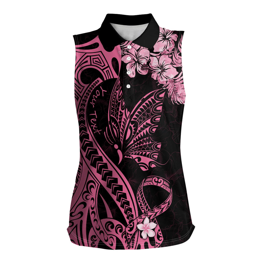 Personalised Polynesian Floral Butterfly Women Sleeveless Polo Shirt Breast Cancer Support Pink Ribbon