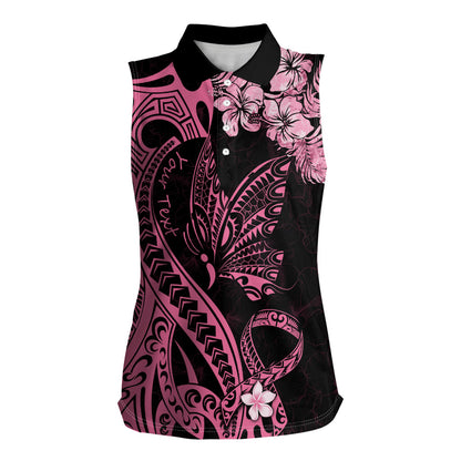 Personalised Polynesian Floral Butterfly Women Sleeveless Polo Shirt Breast Cancer Support Pink Ribbon