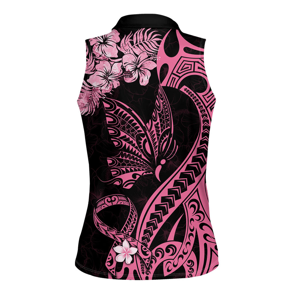Personalised Polynesian Floral Butterfly Women Sleeveless Polo Shirt Breast Cancer Support Pink Ribbon