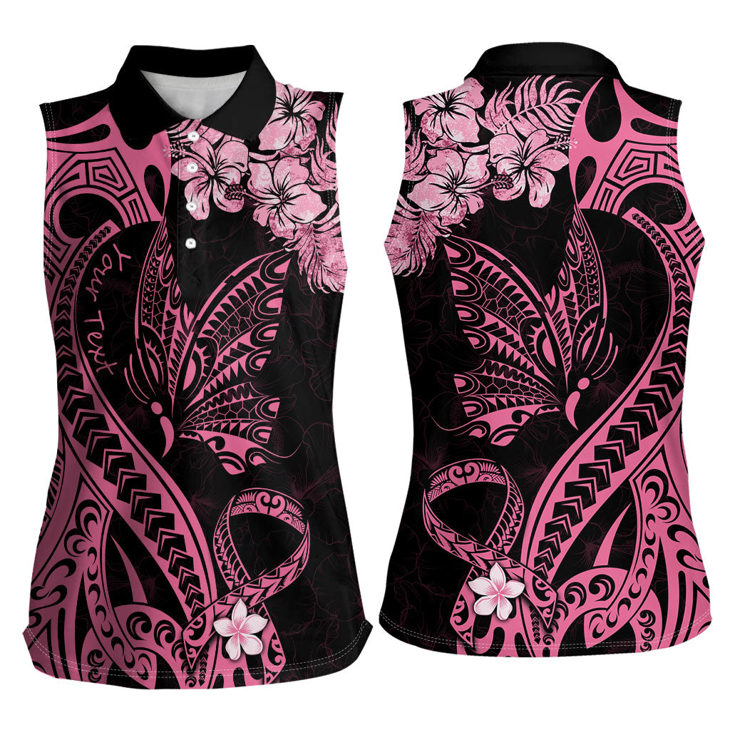Personalised Polynesian Floral Butterfly Women Sleeveless Polo Shirt Breast Cancer Support Pink Ribbon