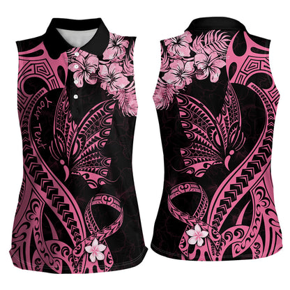 Personalised Polynesian Floral Butterfly Women Sleeveless Polo Shirt Breast Cancer Support Pink Ribbon