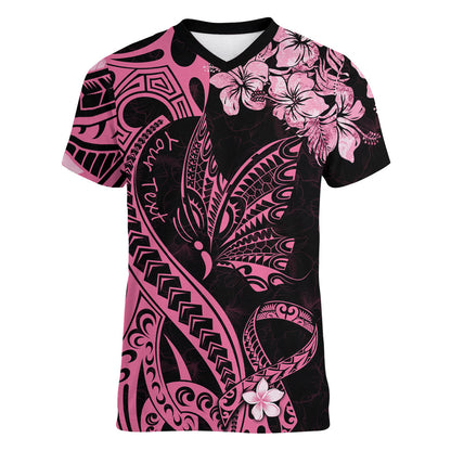 Personalised Polynesian Floral Butterfly Women V-Neck T-Shirt Breast Cancer Support Pink Ribbon