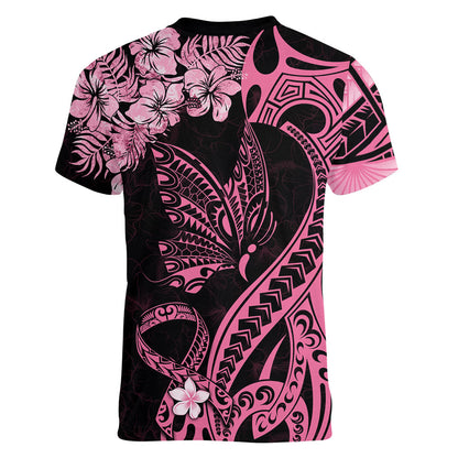 Personalised Polynesian Floral Butterfly Women V-Neck T-Shirt Breast Cancer Support Pink Ribbon