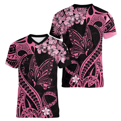 Personalised Polynesian Floral Butterfly Women V-Neck T-Shirt Breast Cancer Support Pink Ribbon