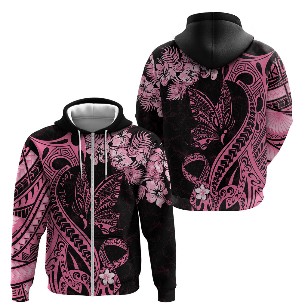 Personalised Polynesian Floral Butterfly Zip Hoodie Breast Cancer Support Pink Ribbon