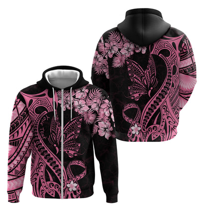 Personalised Polynesian Floral Butterfly Zip Hoodie Breast Cancer Support Pink Ribbon
