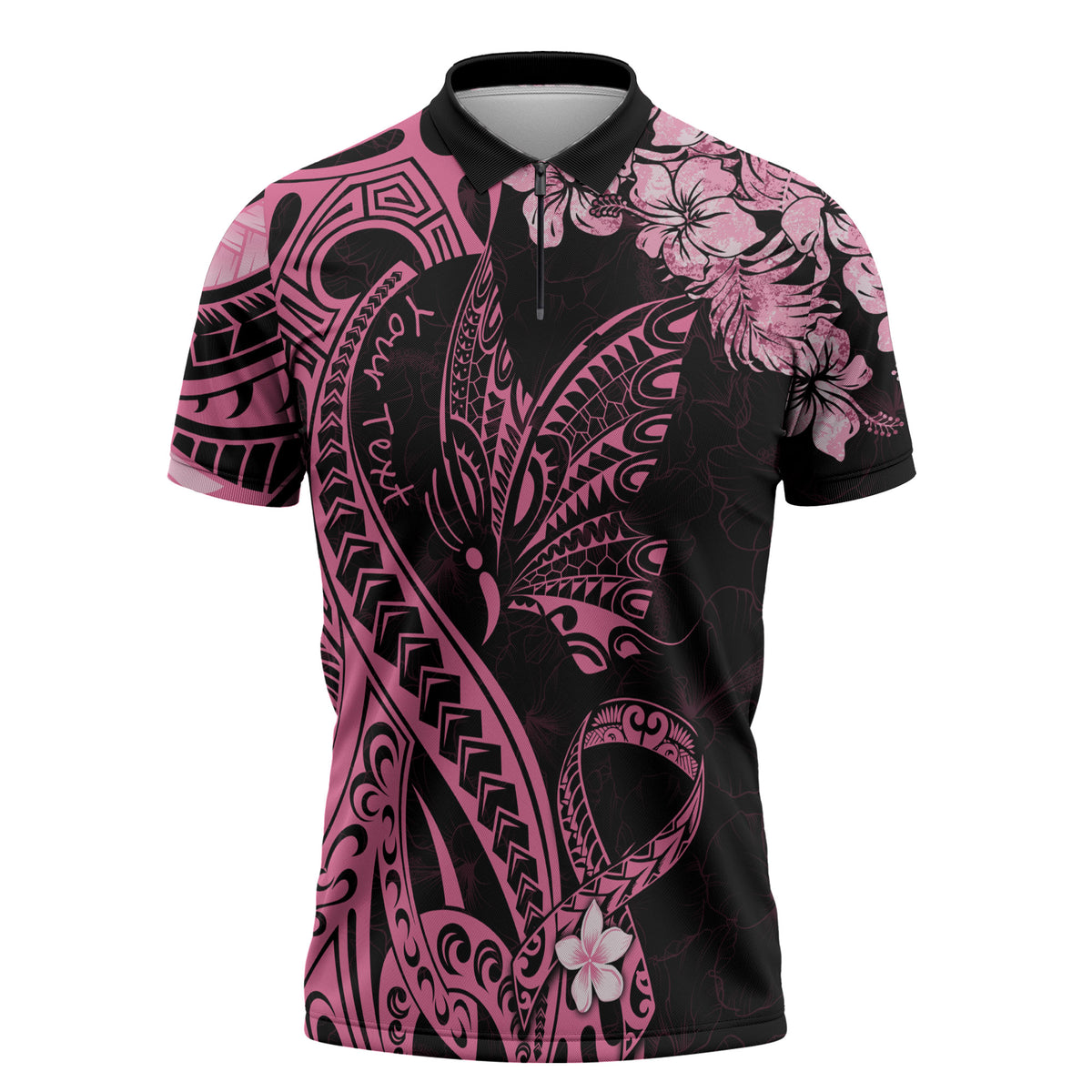 Personalised Polynesian Floral Butterfly Zipper Polo Shirt Breast Cancer Support Pink Ribbon