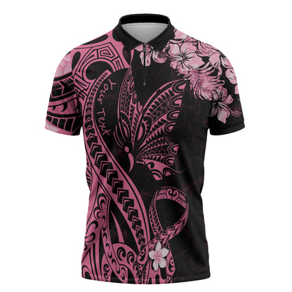 Personalised Polynesian Floral Butterfly Zipper Polo Shirt Breast Cancer Support Pink Ribbon