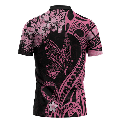 Personalised Polynesian Floral Butterfly Zipper Polo Shirt Breast Cancer Support Pink Ribbon