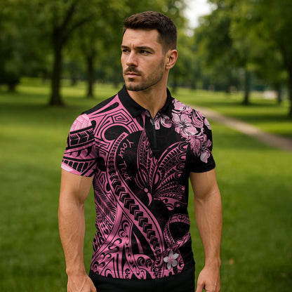 Personalised Polynesian Floral Butterfly Zipper Polo Shirt Breast Cancer Support Pink Ribbon