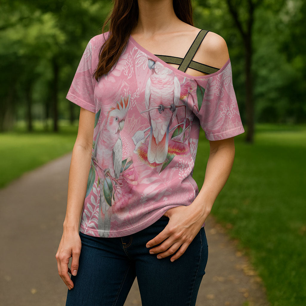 Personalised Galah Cockatoo Eucalyptus Flowers Cross Shoulder Shirt Australian Breast Cancer Support Spirit