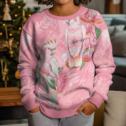 Personalised Galah Cockatoo Eucalyptus Flowers Kid Ugly Christmas Sweater Australian Breast Cancer Support Spirit