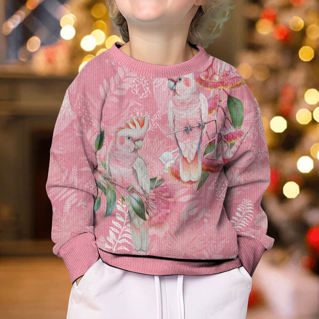 Personalised Galah Cockatoo Eucalyptus Flowers Kid Ugly Christmas Sweater Australian Breast Cancer Support Spirit