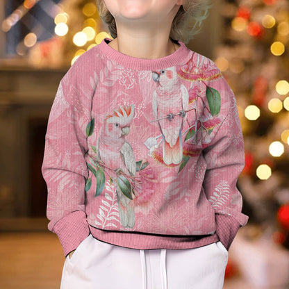 Personalised Galah Cockatoo Eucalyptus Flowers Kid Ugly Christmas Sweater Australian Breast Cancer Support Spirit