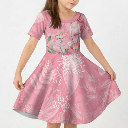 Personalised Galah Cockatoo Eucalyptus Flowers Kid Short Sleeve Dress Australian Breast Cancer Support Spirit