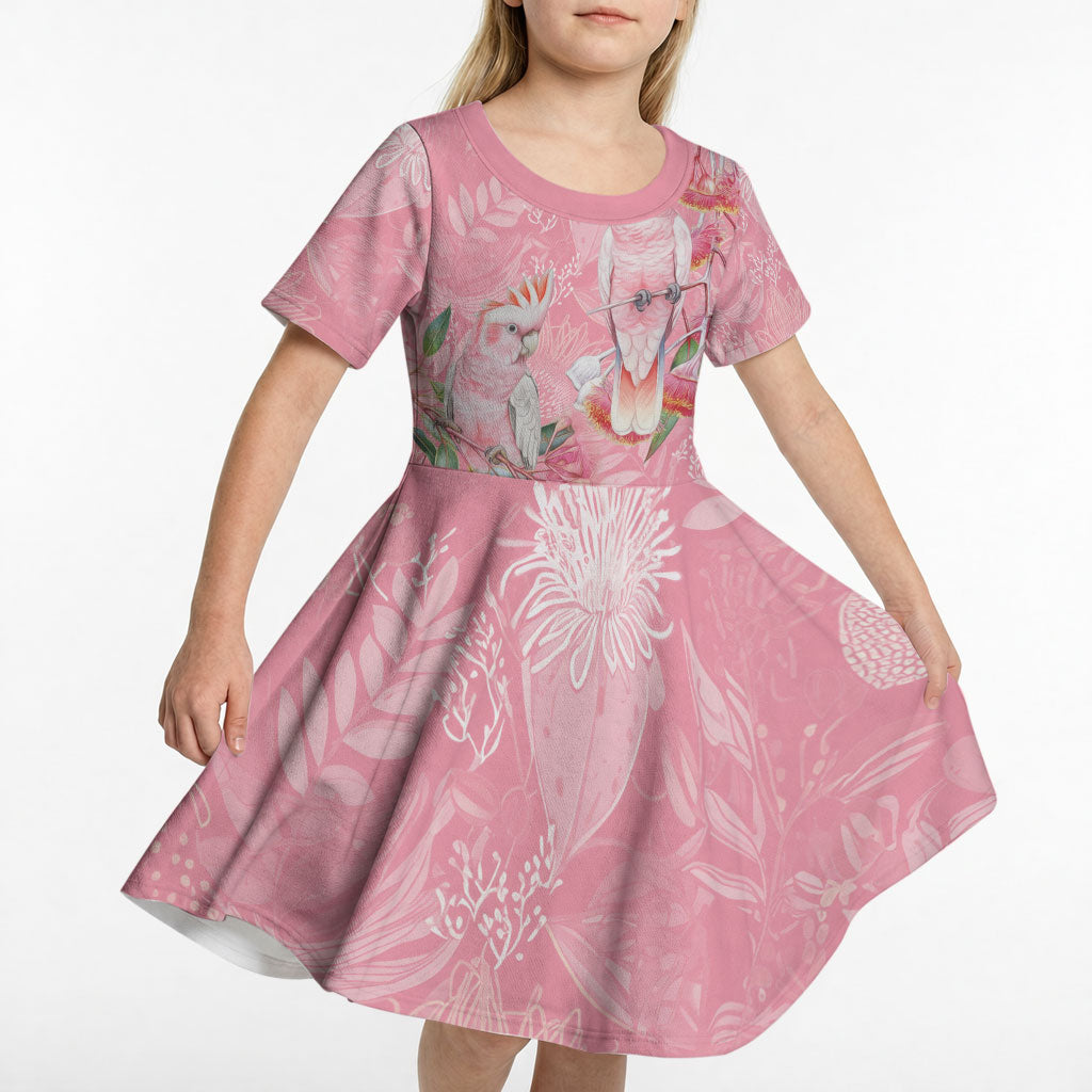 Personalised Galah Cockatoo Eucalyptus Flowers Kid Short Sleeve Dress Australian Breast Cancer Support Spirit