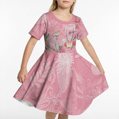 Personalised Galah Cockatoo Eucalyptus Flowers Kid Short Sleeve Dress Australian Breast Cancer Support Spirit