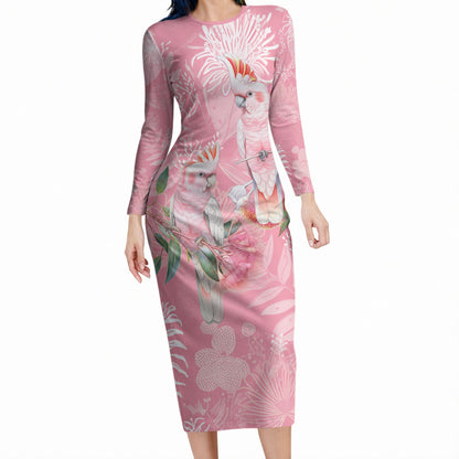 Personalised Galah Cockatoo Eucalyptus Flowers Long Sleeve Bodycon Dress Australian Breast Cancer Support Spirit