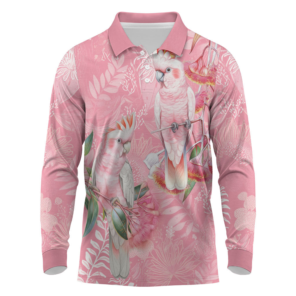 Personalised Galah Cockatoo Eucalyptus Flowers Long Sleeve Polo Shirt Australian Breast Cancer Support Spirit
