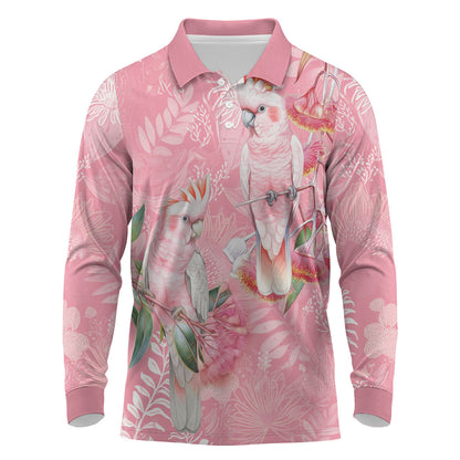Personalised Galah Cockatoo Eucalyptus Flowers Long Sleeve Polo Shirt Australian Breast Cancer Support Spirit