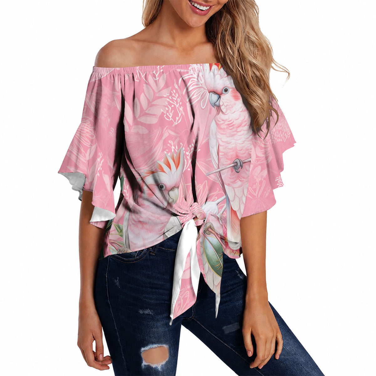 Personalised Galah Cockatoo Eucalyptus Flowers Off Shoulder Wrap Waist Top Australian Breast Cancer Support Spirit