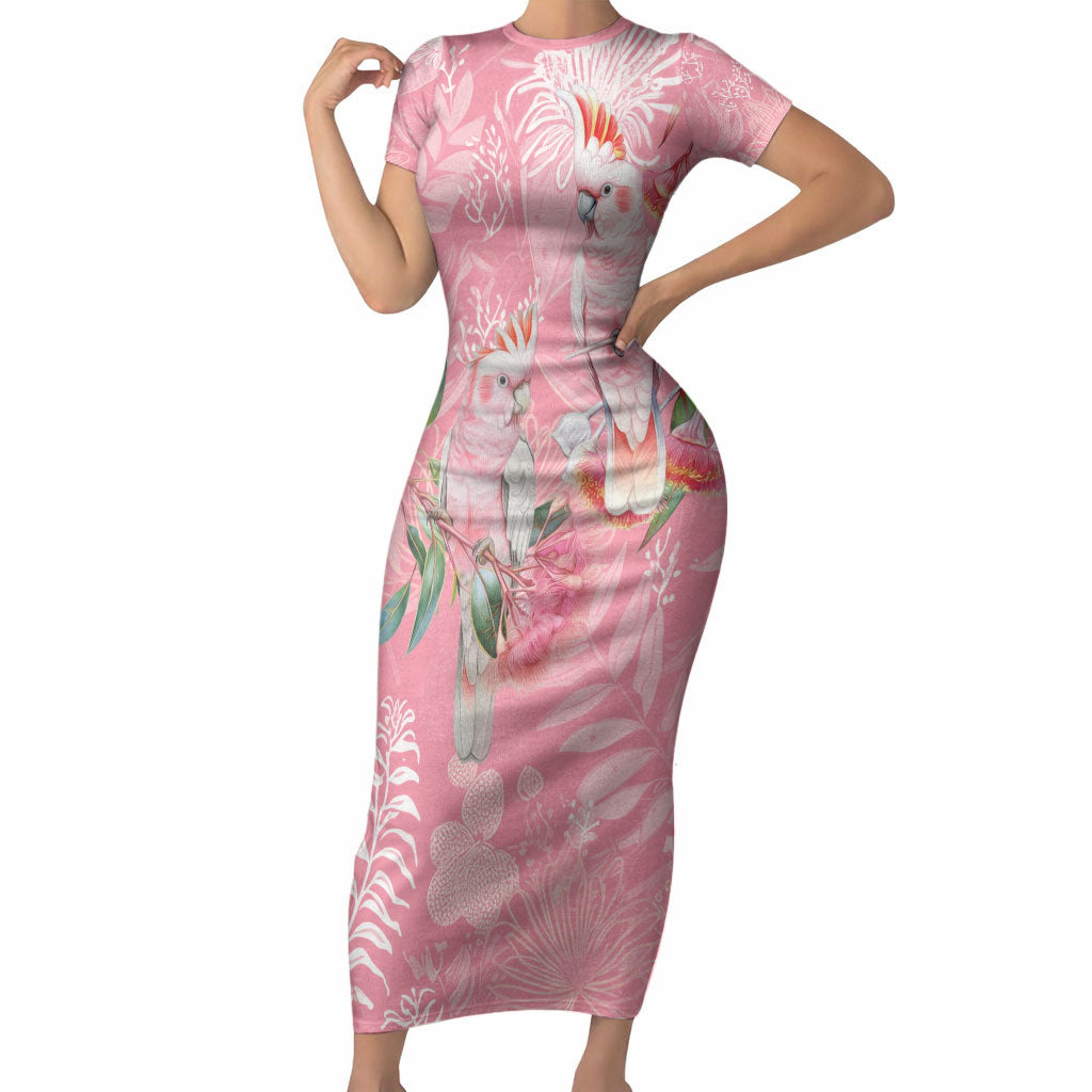 Personalised Galah Cockatoo Eucalyptus Flowers Short Sleeve Bodycon Dress Australian Breast Cancer Support Spirit
