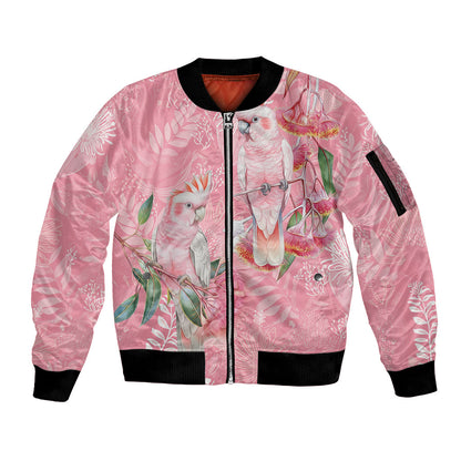 Personalised Galah Cockatoo Eucalyptus Flowers Sleeve Zip Bomber Jacket Australian Breast Cancer Support Spirit