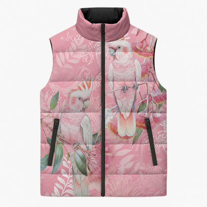 Personalised Galah Cockatoo Eucalyptus Flowers Sleeveless Puffer Jacket Australian Breast Cancer Support Spirit