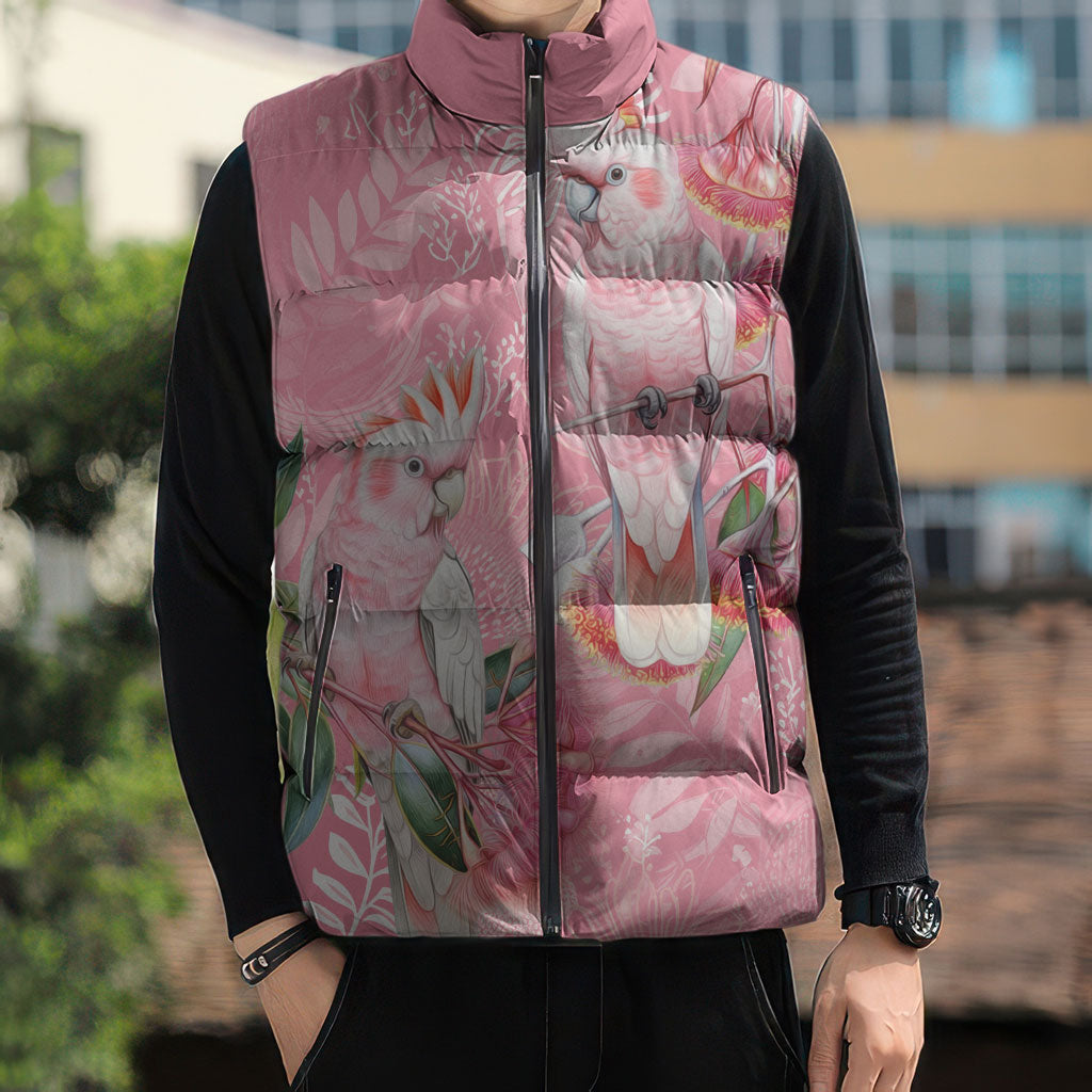 Personalised Galah Cockatoo Eucalyptus Flowers Sleeveless Puffer Jacket Australian Breast Cancer Support Spirit