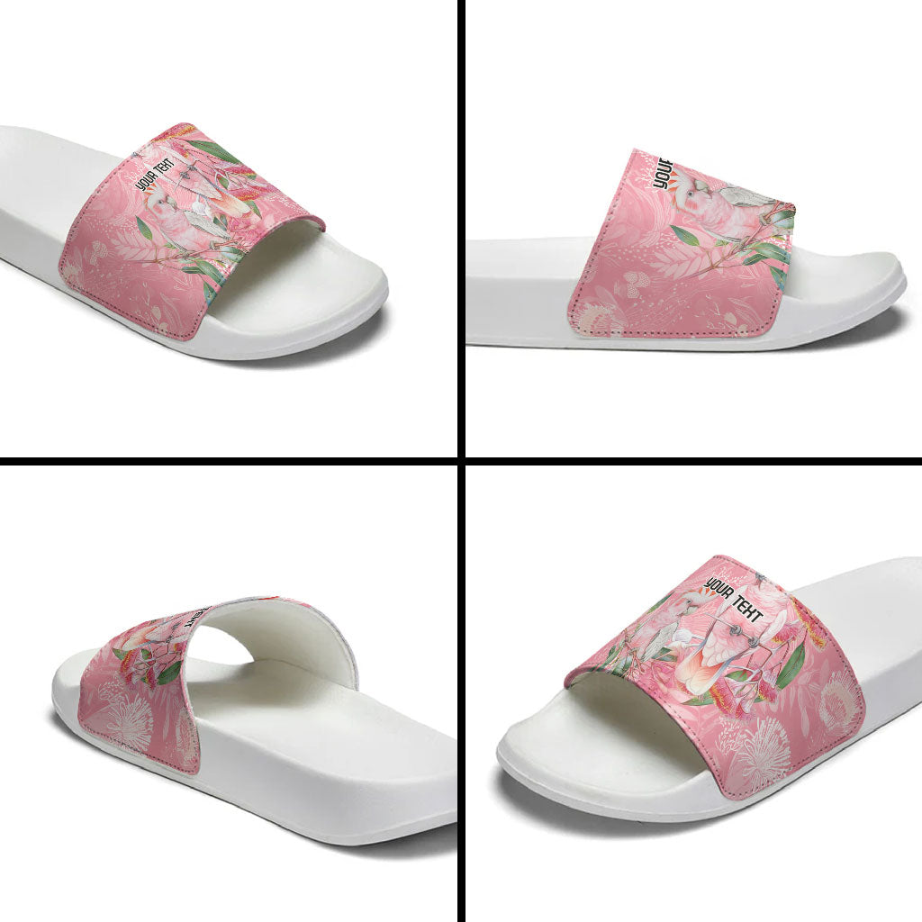 Personalised Galah Cockatoo Eucalyptus Flowers Slide Sandals Australian Breast Cancer Support Spirit