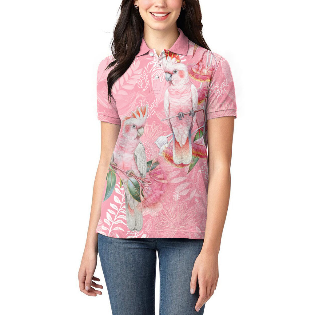 Personalised Galah Cockatoo Eucalyptus Flowers Women Polo Shirt Australian Breast Cancer Support Spirit