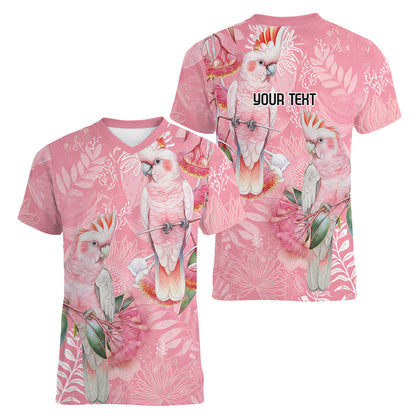 Personalised Galah Cockatoo Eucalyptus Flowers Women V-Neck T-Shirt Australian Breast Cancer Support Spirit