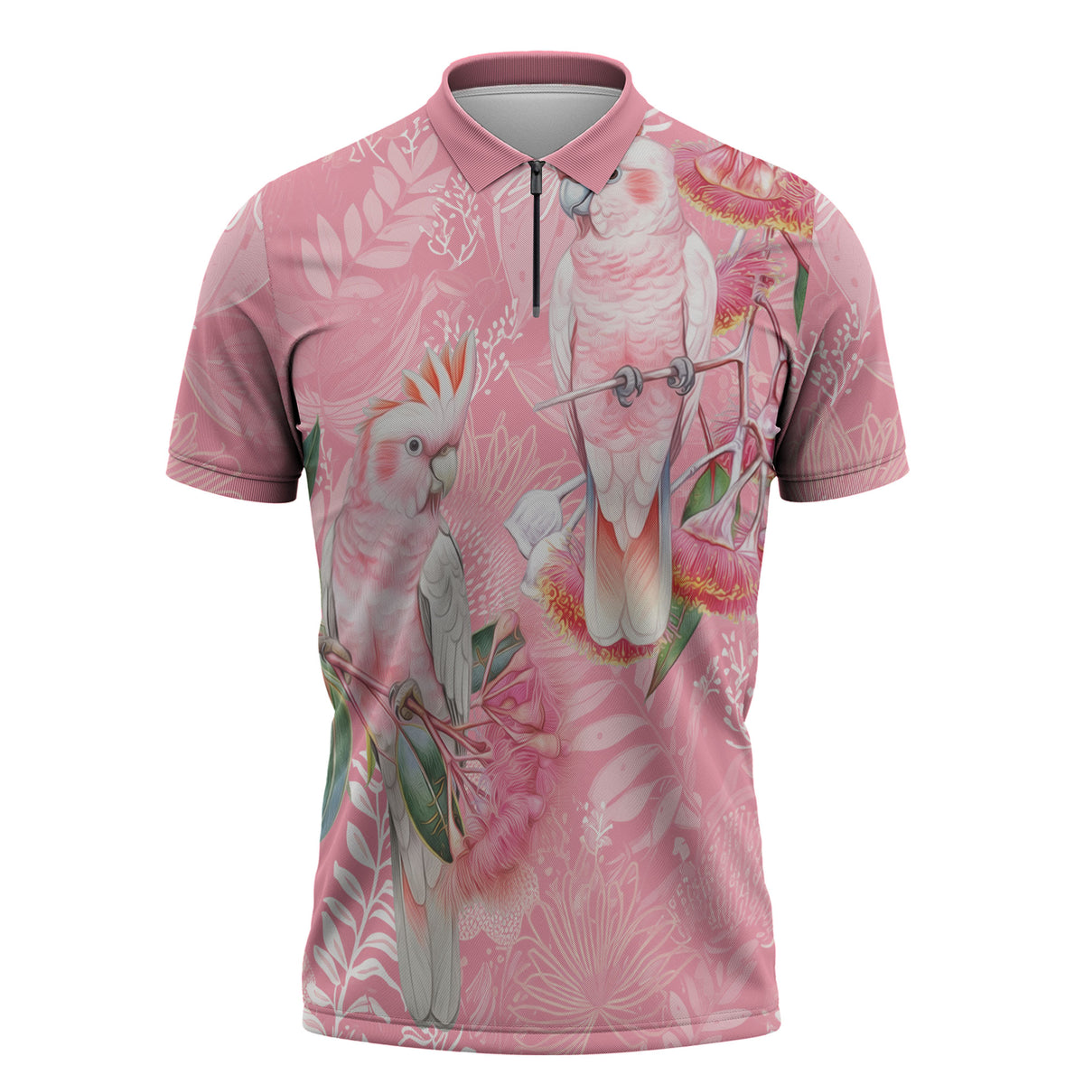 Personalised Galah Cockatoo Eucalyptus Flowers Zipper Polo Shirt Australian Breast Cancer Support Spirit