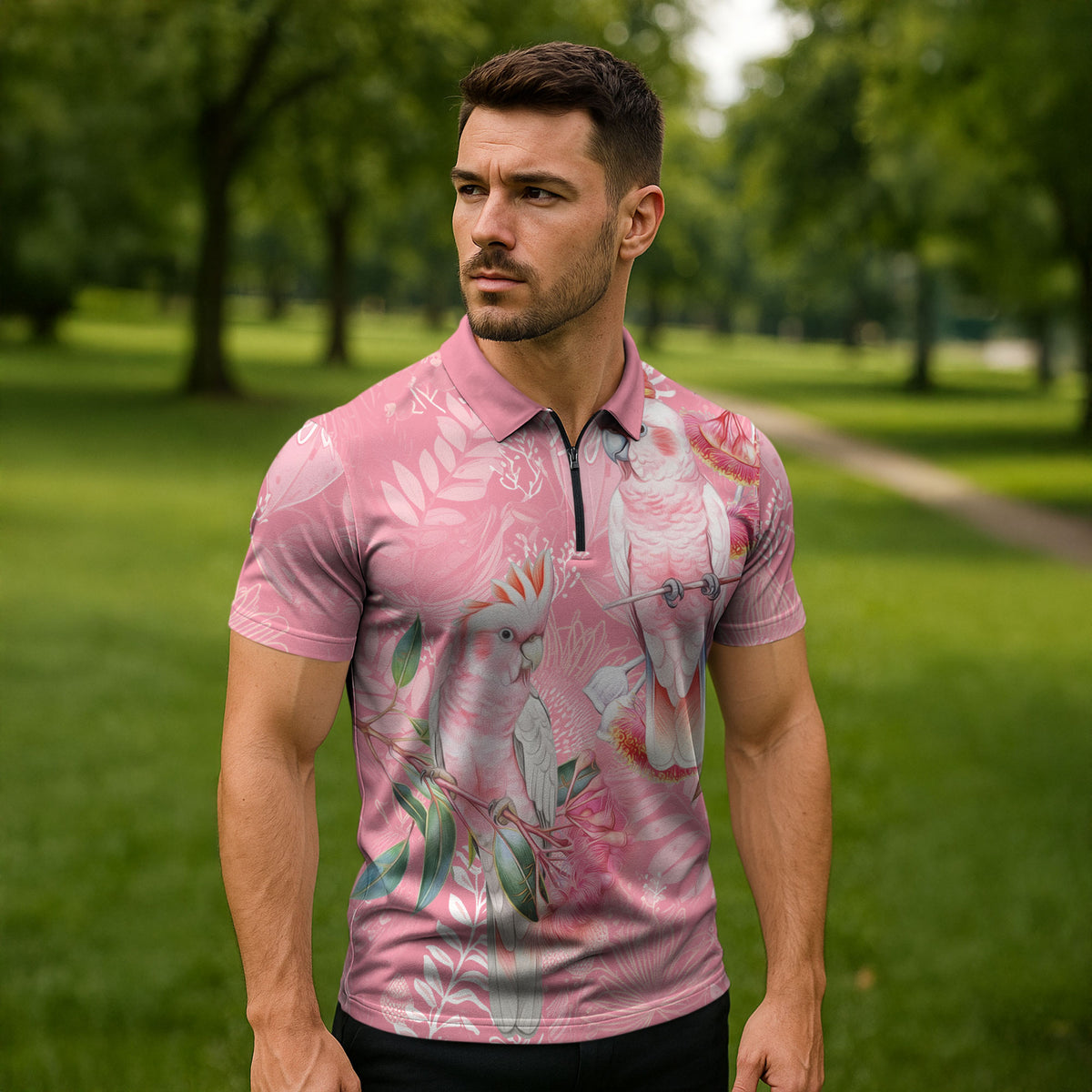 Personalised Galah Cockatoo Eucalyptus Flowers Zipper Polo Shirt Australian Breast Cancer Support Spirit