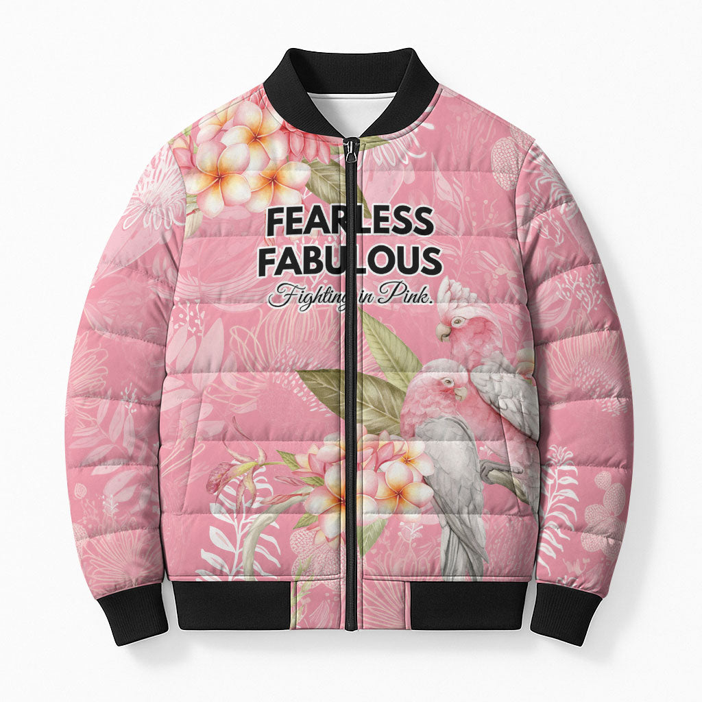 Personalised Galah Cockatoo Fighting in Pink Bomber Puffer Jacket Australian Breast Cancer Support Spirit