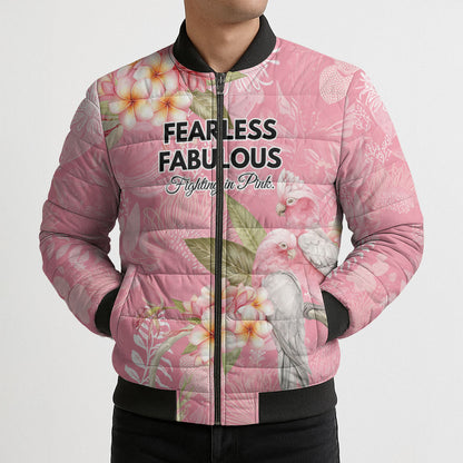 Personalised Galah Cockatoo Fighting in Pink Bomber Puffer Jacket Australian Breast Cancer Support Spirit
