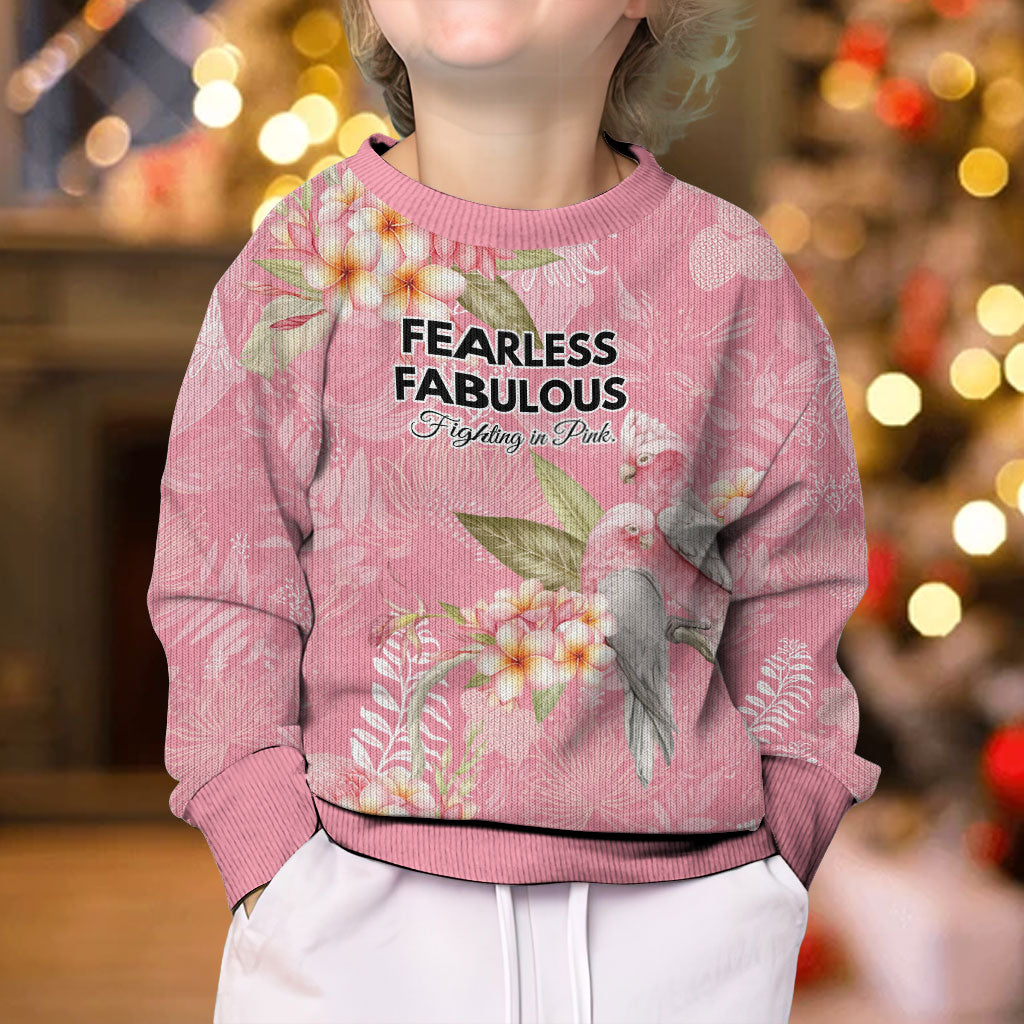 Personalised Galah Cockatoo Fighting in Pink Kid Ugly Christmas Sweater Australian Breast Cancer Support Spirit