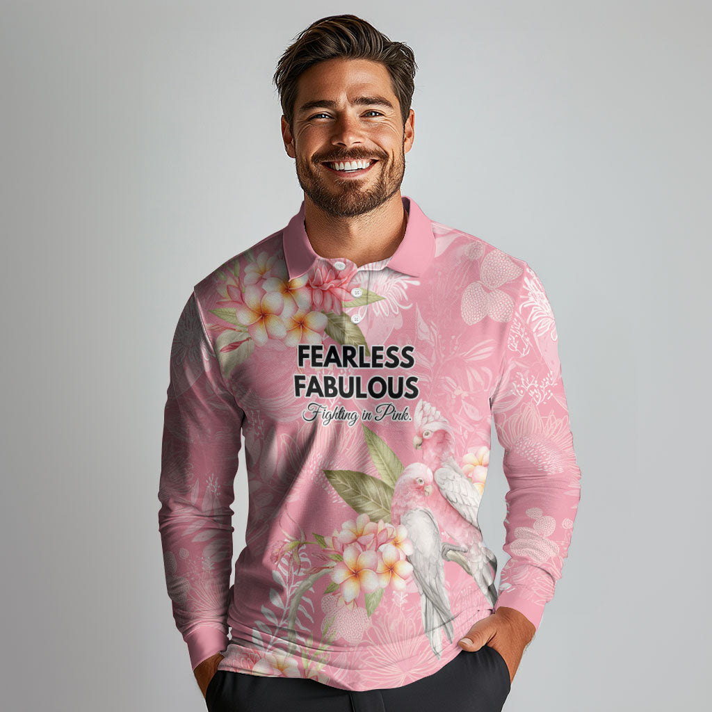 Personalised Galah Cockatoo Fighting in Pink Long Sleeve Polo Shirt Australian Breast Cancer Support Spirit