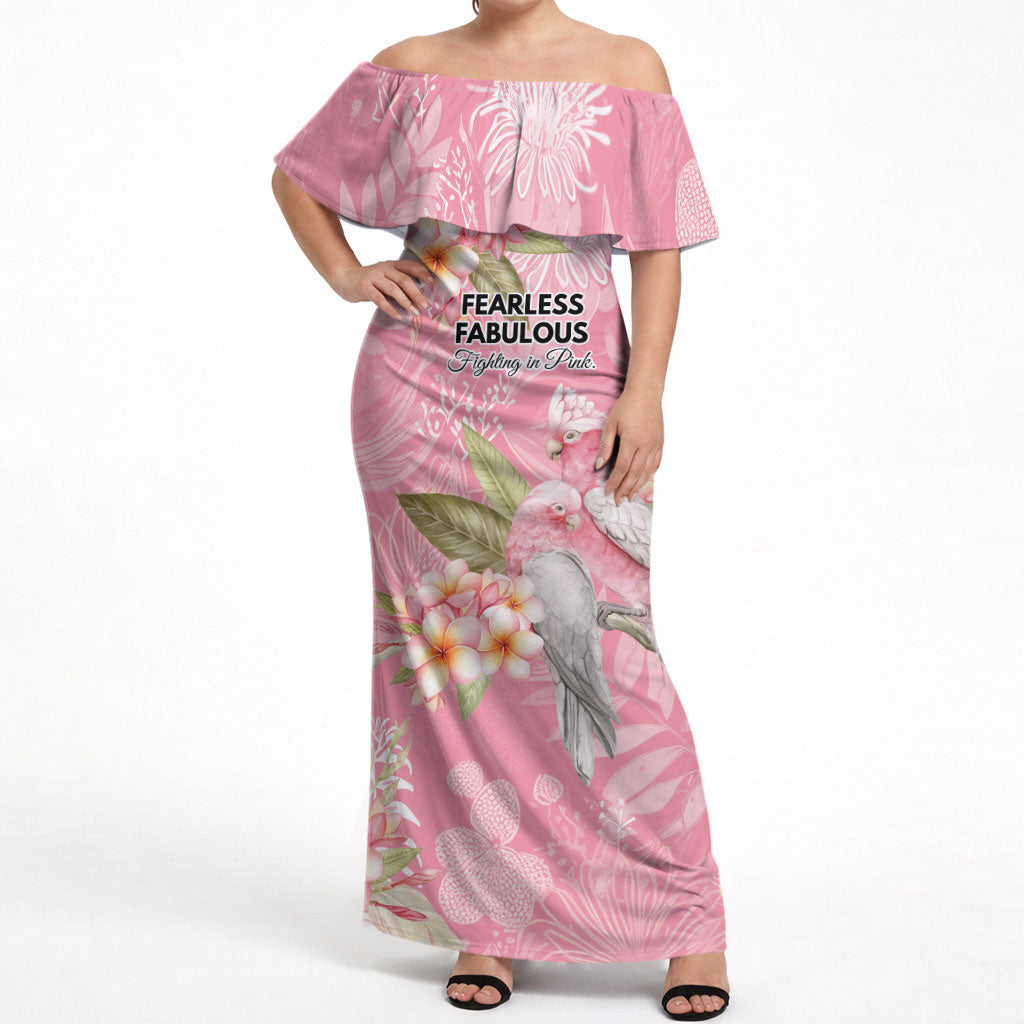Personalised Galah Cockatoo Fighting in Pink Off Shoulder Maxi Dress Australian Breast Cancer Support Spirit