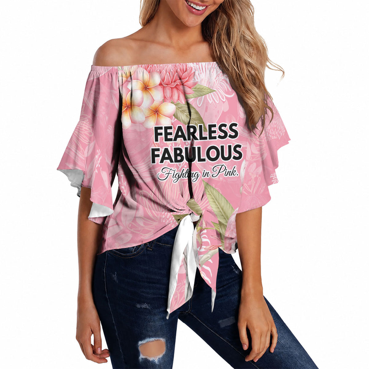 Personalised Galah Cockatoo Fighting in Pink Off Shoulder Wrap Waist Top Australian Breast Cancer Support Spirit