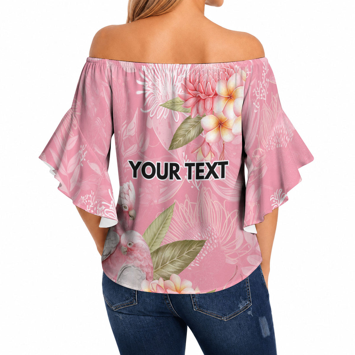 Personalised Galah Cockatoo Fighting in Pink Off Shoulder Wrap Waist Top Australian Breast Cancer Support Spirit