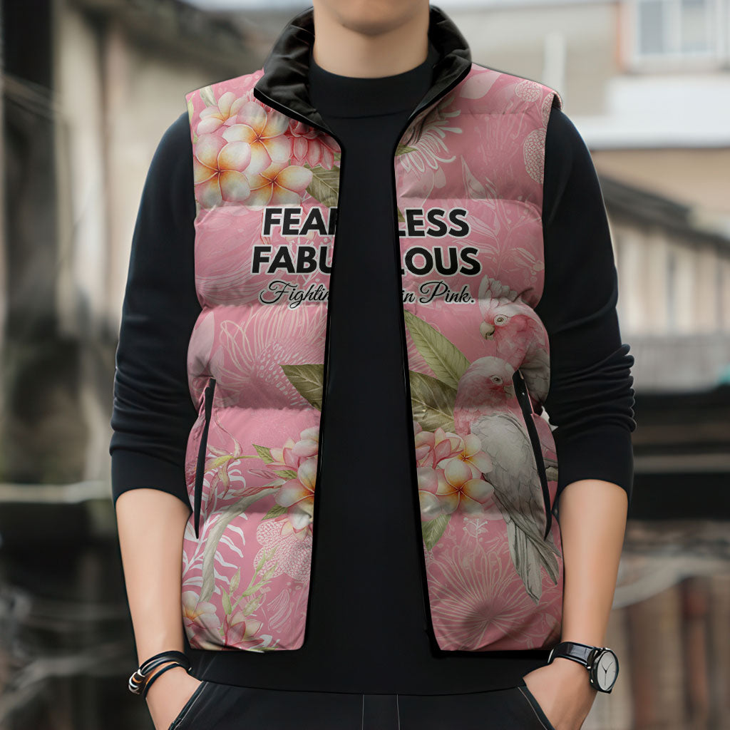 Personalised Galah Cockatoo Fighting in Pink Sleeveless Puffer Jacket Australian Breast Cancer Support Spirit