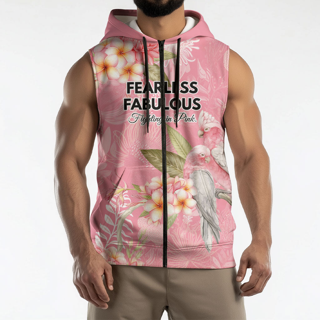 Personalised Galah Cockatoo Fighting in Pink Sleeveless Zip Hoodie Australian Breast Cancer Support Spirit