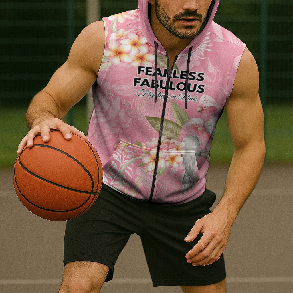 Personalised Galah Cockatoo Fighting in Pink Sleeveless Zip Hoodie Australian Breast Cancer Support Spirit