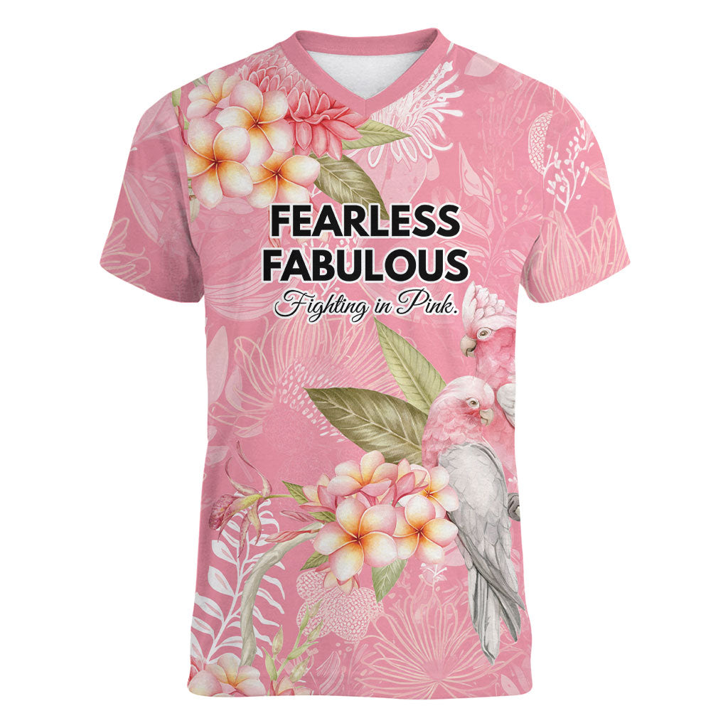 Personalised Galah Cockatoo Fighting in Pink Women V-Neck T-Shirt Australian Breast Cancer Support Spirit