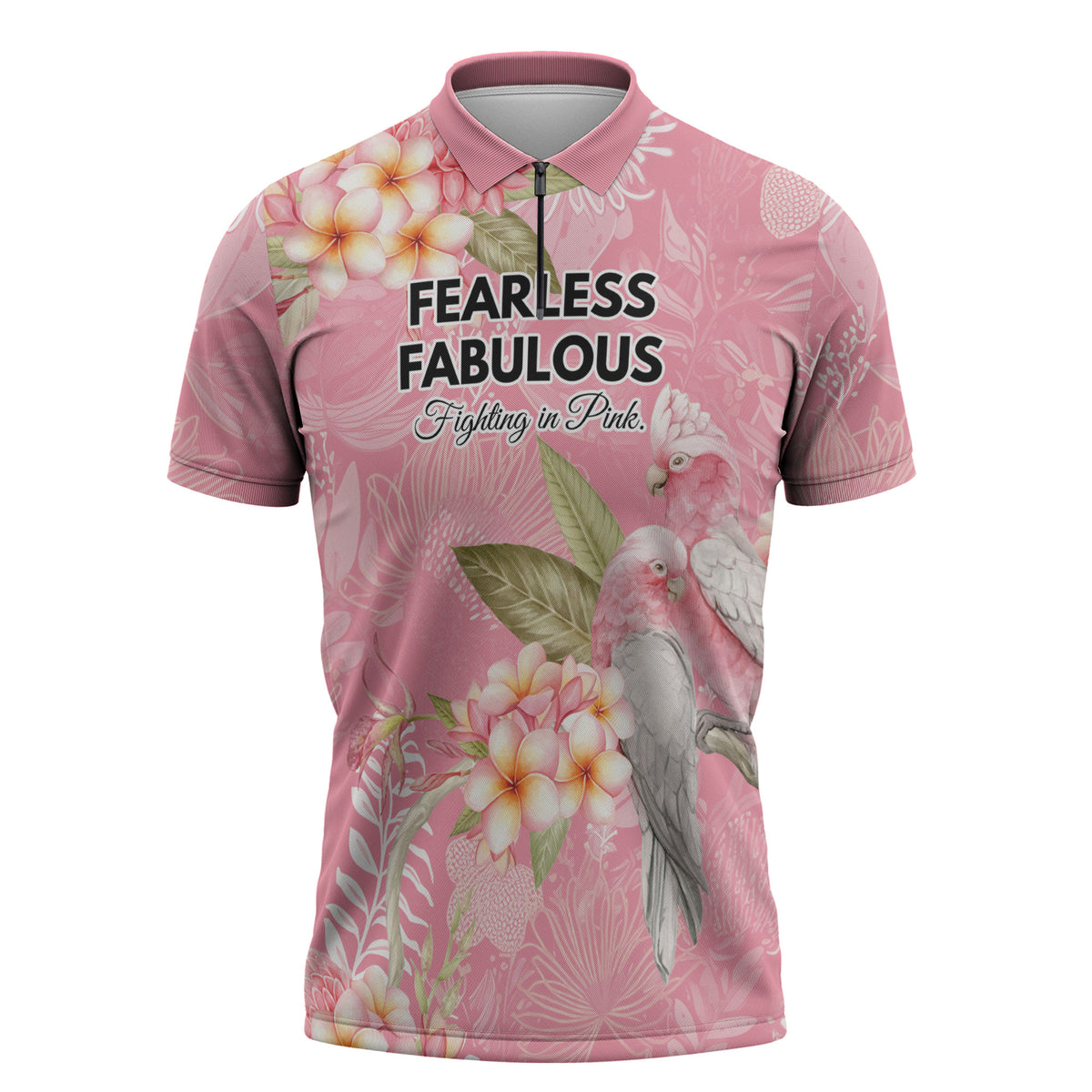 Personalised Galah Cockatoo Fighting in Pink Zipper Polo Shirt Australian Breast Cancer Support Spirit