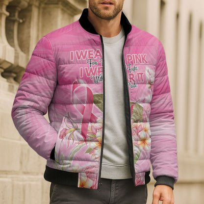 Personalised I Wear Pink For The Fight Bomber Puffer Jacket Australian Breast Cancer Support Spirit