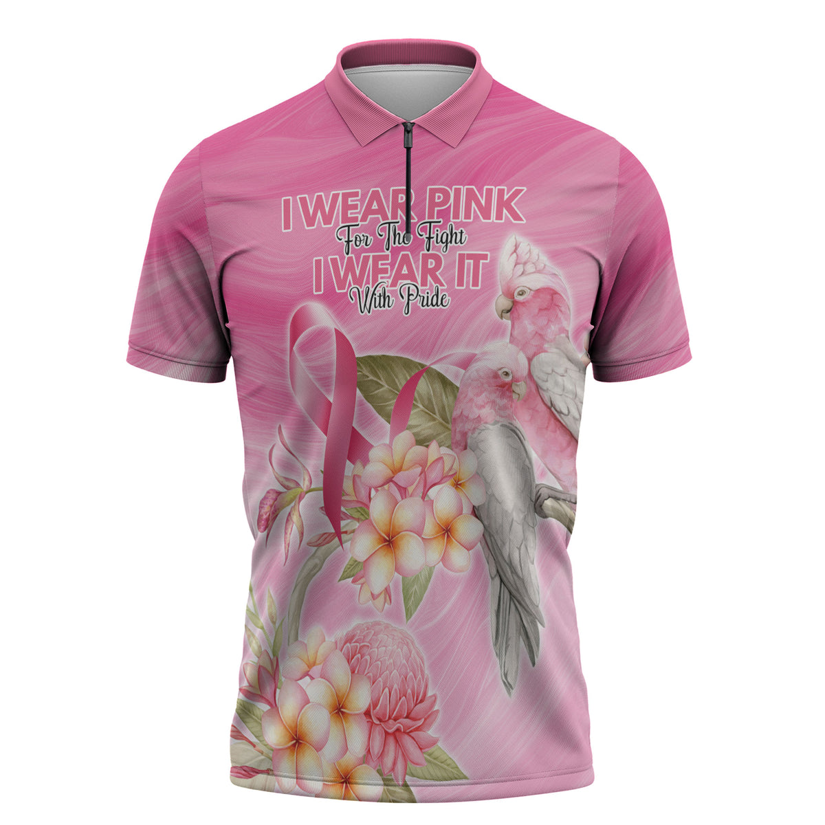 Personalised I Wear Pink For The Fight Zipper Polo Shirt Australian Breast Cancer Support Spirit