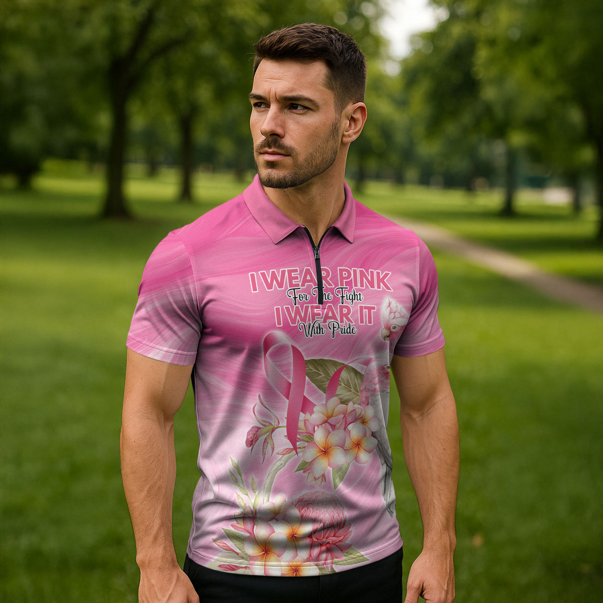 Personalised I Wear Pink For The Fight Zipper Polo Shirt Australian Breast Cancer Support Spirit